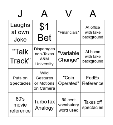 Java Video Call Bingo Card