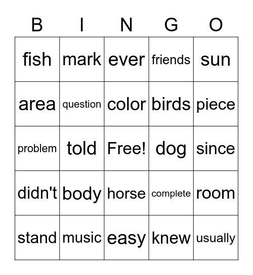 3rd Grade Dolch words Bingo Card
