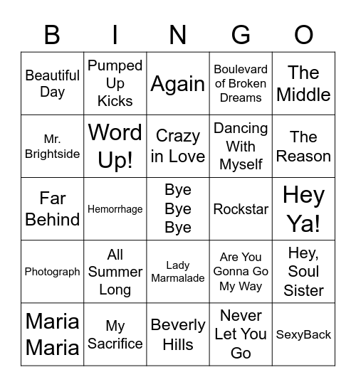 2000 POP Bingo Card