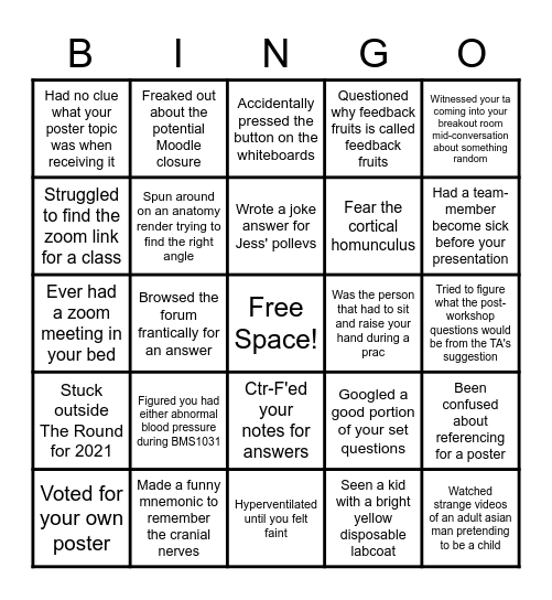 2nd year Biomed Biobingo! Bingo Card