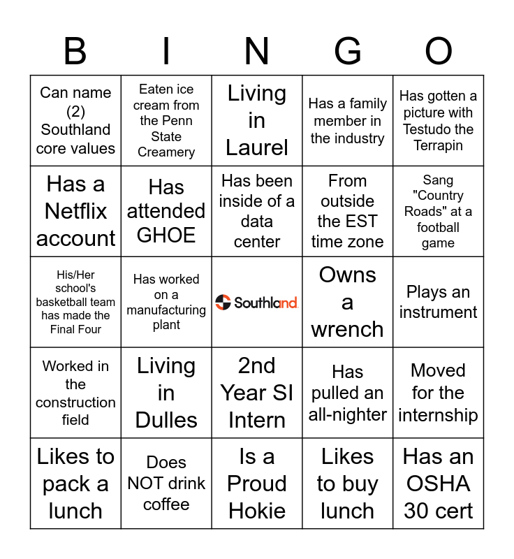 Welcome Interns Bingo Card