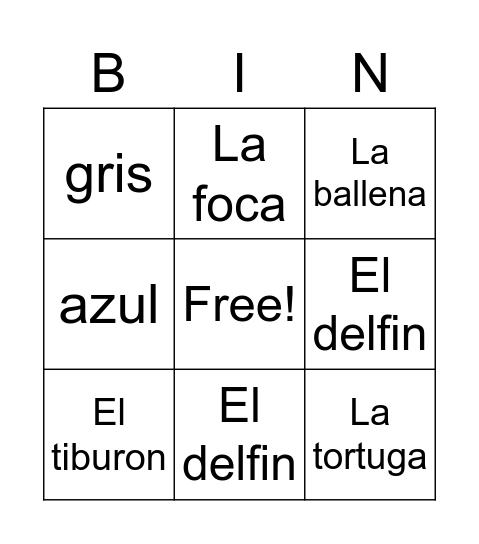 Los animales marinos-nombres Bingo Card