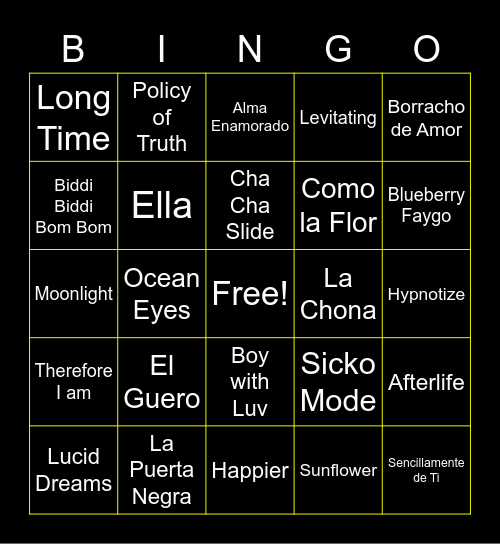 Songs Bingo Card