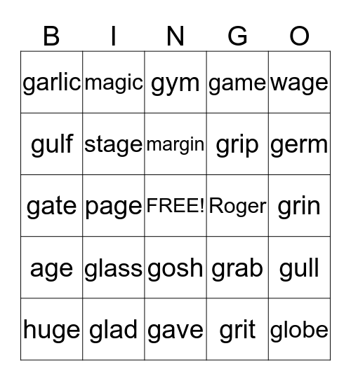 Soft G Bingo Card