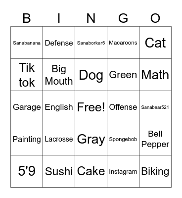 Sana's Sweet 16 Bingo Card