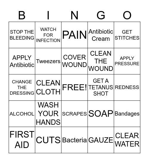 CUTS & SCRAPES: FIRST AID BINGO Card