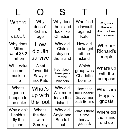 Lost Season 5 Questions Bingo Card