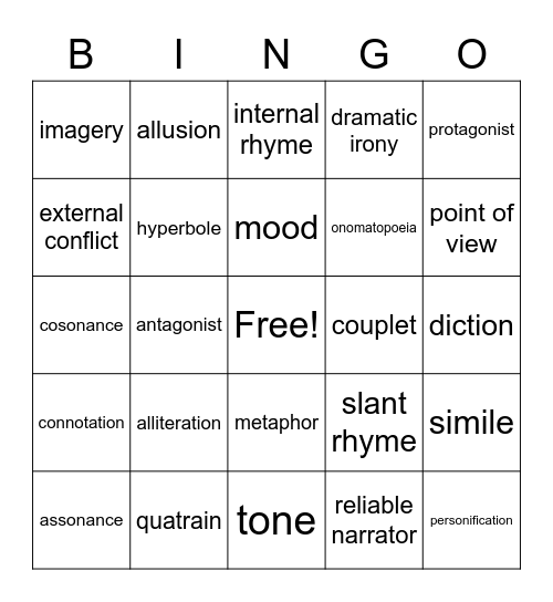 literature bingo Card