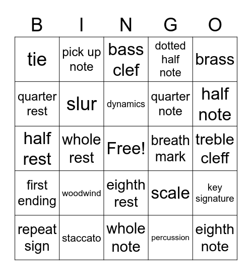 music bingo Card