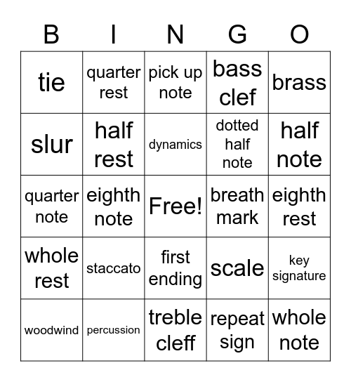 music bingo Card