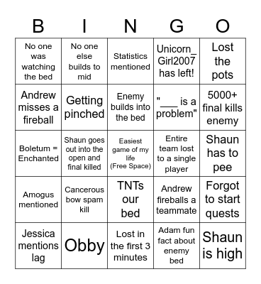Bedwars Session Bingo Card