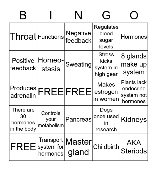 ENDOCRINE SYSTEM  Bingo Card