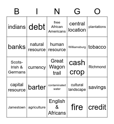Colonial Virginia Bingo Card
