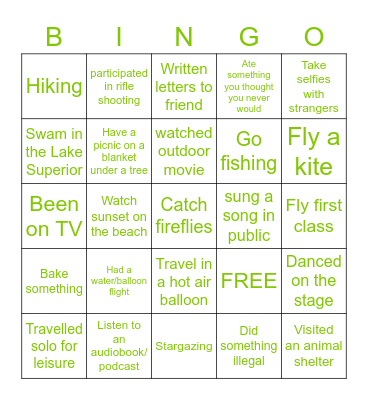 Bucket List Bingo Card