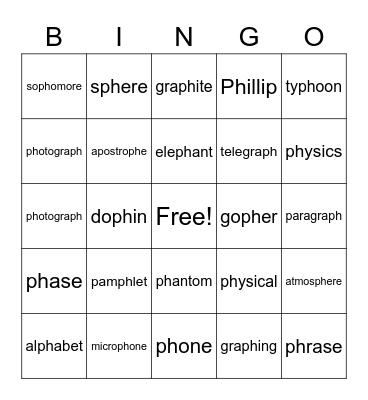Ph Words Bingo Card