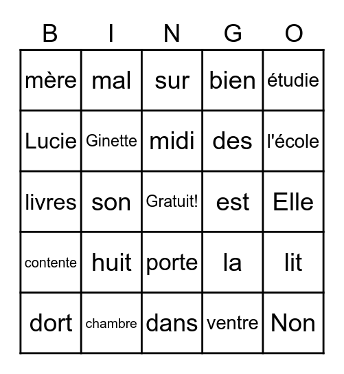 Lucie est malade Bingo Card