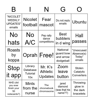 Senior Send Off Bingo Card