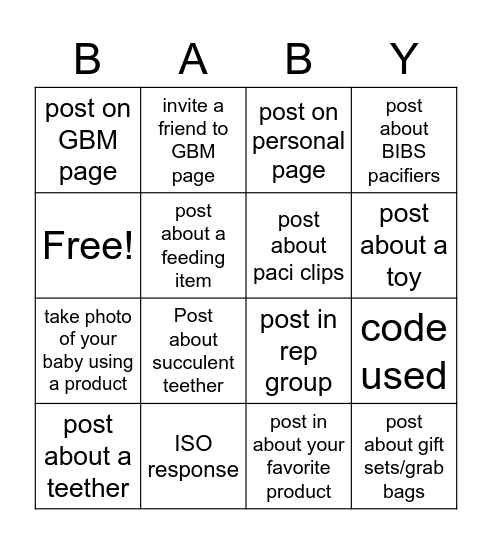 GOLDEN BABY CO "BABY" Bingo Card