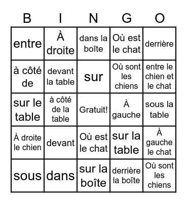 Les prépositions Bingo Card