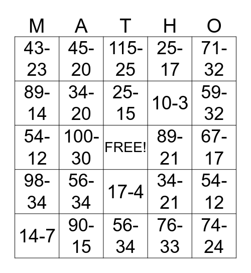 Subtraction Bingo Card