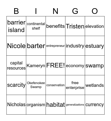 Tristen's Spelling Word Bingo Card