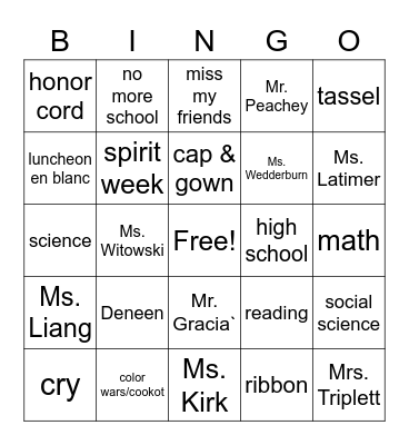 8th Grade Graduation Bingo Card