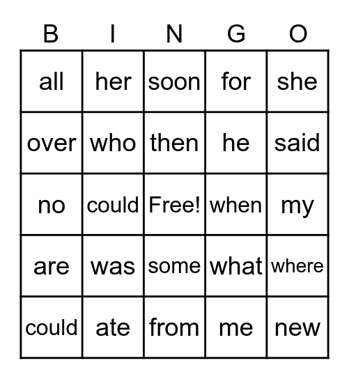 sight words Bingo Card
