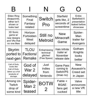 JQ's E3 2021 Bingo Card Bingo Card