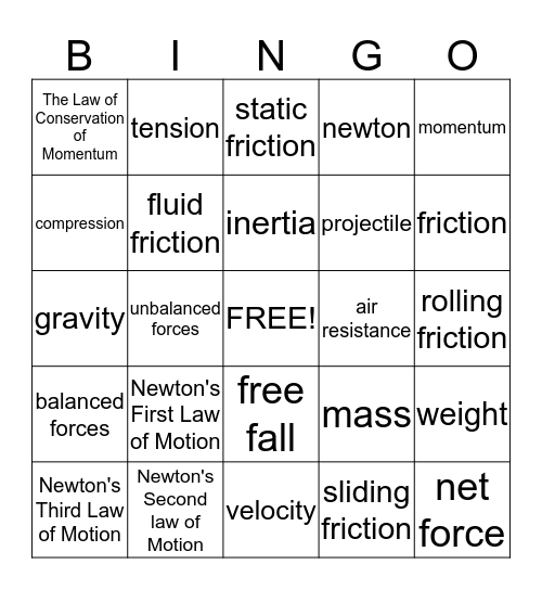 Motion and Newton's Law Bingo Card