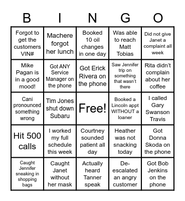 Call Center Bingo Card