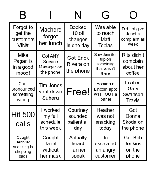 Call Center Bingo Card