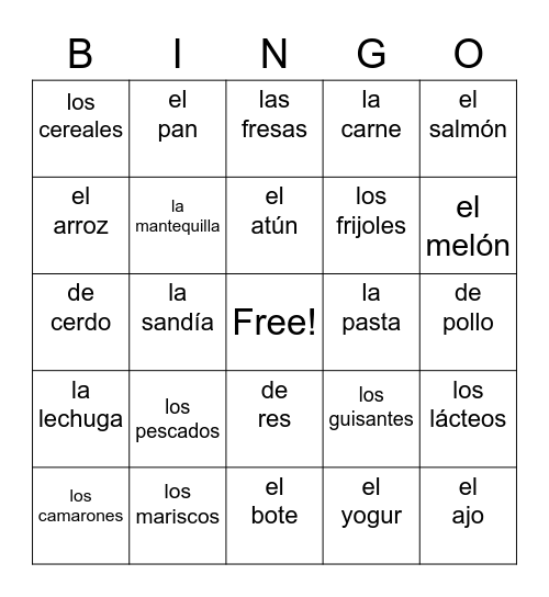 Vocabulario Bingo Card