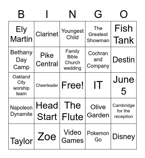 Colton and Taylor Bingo Card