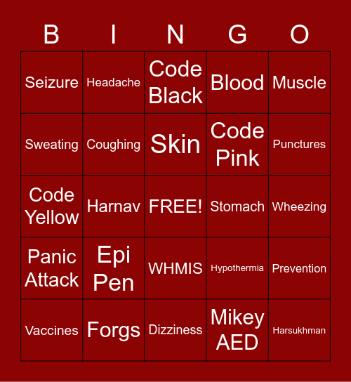FIRST AID CLUB BINGO Card