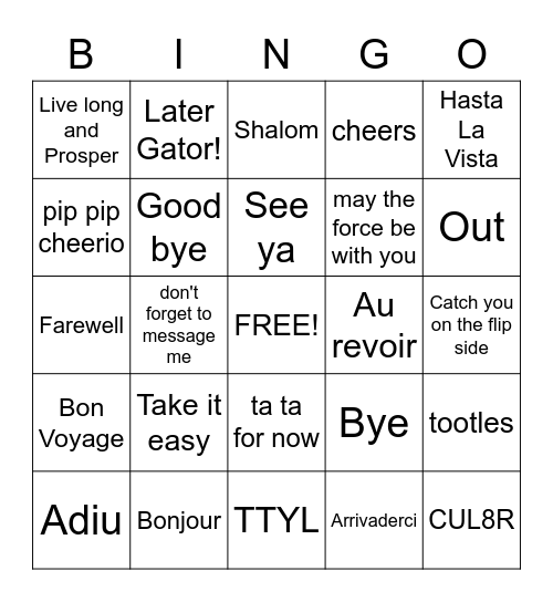 Megan's Goodbye Bingo Card