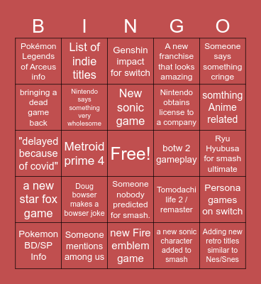 Nintendo E3 Bingo Card