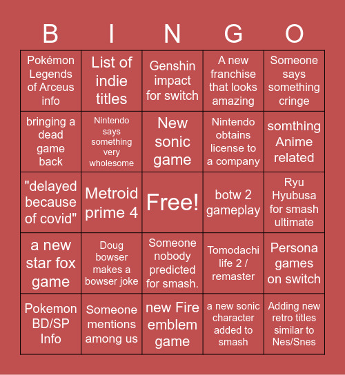 Nintendo E3 Bingo Card