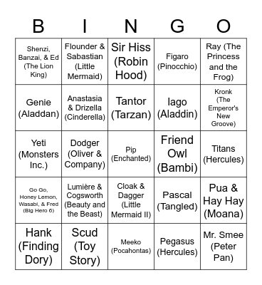 Disney/Pixar Sidekicks Bingo Card