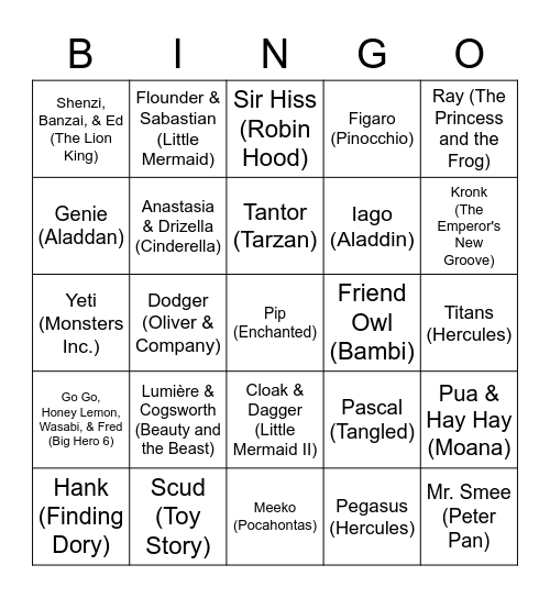 Disney/Pixar Sidekicks Bingo Card