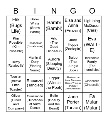Disney/Pixar Protagonists Bingo Card