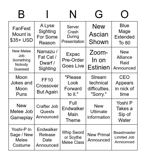 FFXIV Fanfest Bingo Card