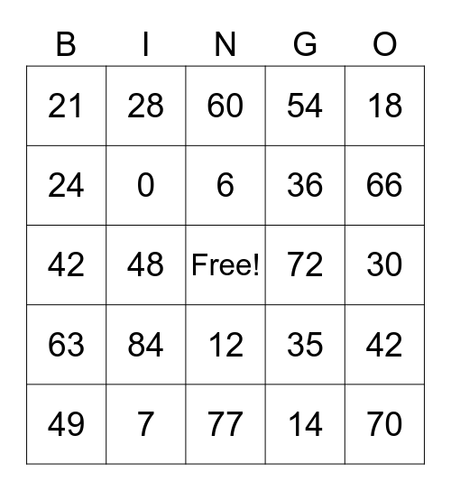 Multiplication 6 and 7 Bingo Card