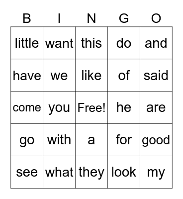 Kindergarten Sight Words Bingo Card