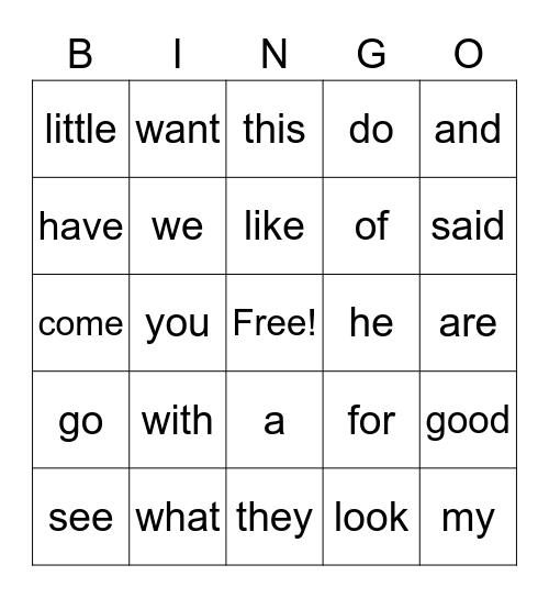 Kindergarten Sight Words Bingo Card