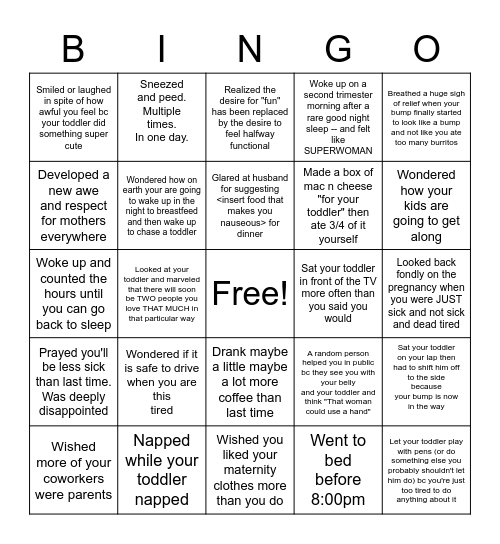 Pregnant Mom-of-Toddler Bingo Card