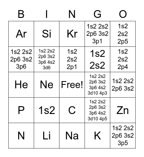 Electron Configuration Bingo Card