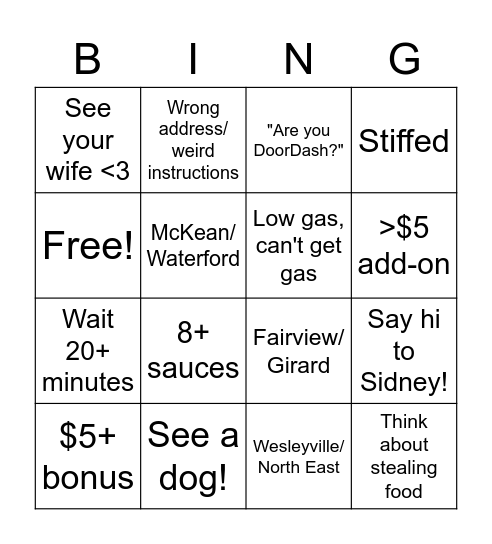 GrubHub Bingo Card