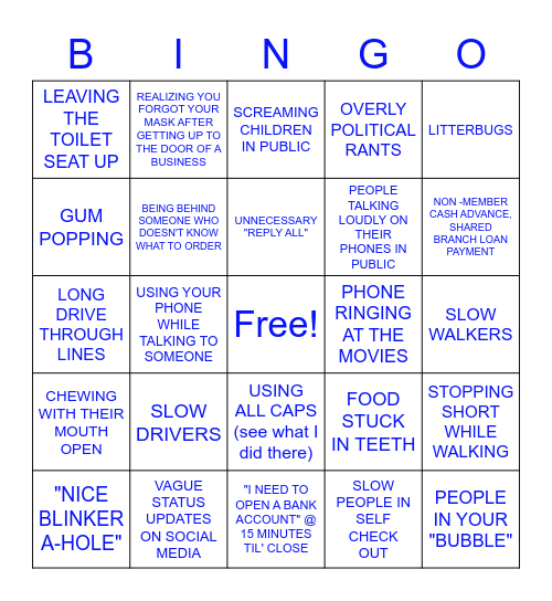 Day to day things that make me #SALTY Bingo Card