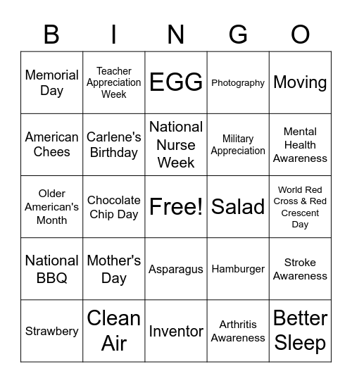 The Month of May Observances Bingo Card