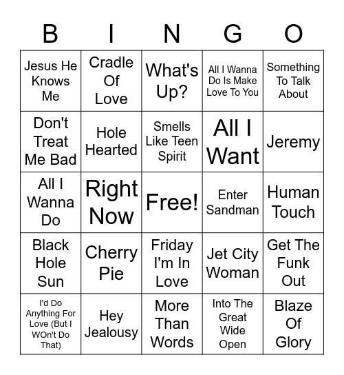 90's Rock Elks Bingo Card